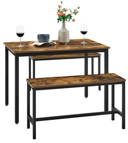 Conjunto de Mesa de jantar com 2 bancos, conjunto de cozinha Castanho Vintage + Preto