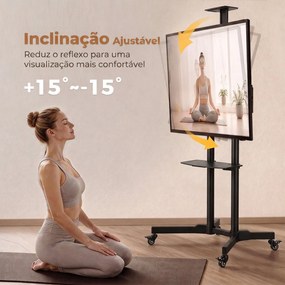 Suporte para TV com Rodas 32"-75" Altura Regulável Inclinação ±15° e 2 Prateleiras Preto