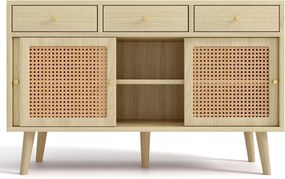 Aparador com 3 gavetas e 3 portas deslizantes, tecido de rattan, 120x40x78 cm, Cor natural