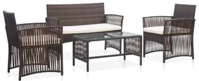 4 pcs conjunto lounge jardim c/ almofadões vime PE castanho