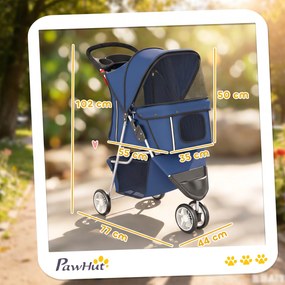 Carrinho Dobrável para Cães Pequenos até 10 kg com 3 Rodas, Capota, Cesta, Janelas em Rede e Porta-copos, Azul-Escuro