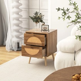 Conjunto de 2 mesas de cabeceira em rattan com 2 gavetas de estilo boémio com pernas em madeira maciça para sala de estar e quarto Natural