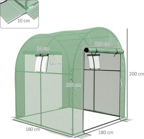 Estufa de Exterior 180x180x200 cm com 2 Portas Enroláveis 2 Janelas em Rede Cobertura PE 135g/m² Anti-UV Cultivo e Plantas Verde