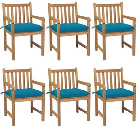 Cadeiras de jardim c/ almofadões azul-claro 6 pcs teca maciça