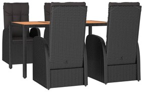 5 pcs conjunto de jantar p/ jardim c/ almofadões vime PE preto