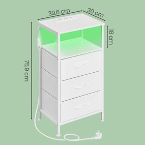 Mesa de cabeceira 30 x 39,6 x 75,9 cm com iluminação LED e base de carregamento, com 3 gavetas e compartimento aberto, branca