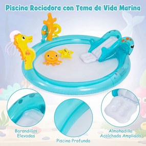 Piscina insuflável 207 x 168 x 77 cm infantil com escorrega, pulverizador, cavalo-marinho e conjunto de aros com tema marítimo para crianças dos 2 aos