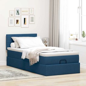 Cama Otomana com Colchão &amp; LEDs Tecido Azul 90x200 cm