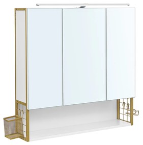 VASAGLE BBK124A10 Armário de espelho para banheiro com iluminação, armário de banheiro, armário de parede para banheiro, prateleira com altura ajustável, porta dupla, moderno, branco-dourado