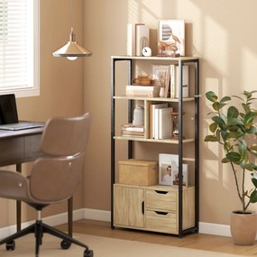 Estante de estilo industrial com 3 prateleiras, porta e 2 gavetas, 58 x 24 x 122 cm, com acabamento em madeira natural e aço preto