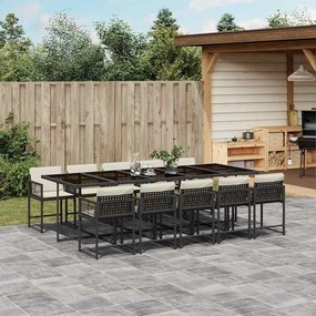 vidaXL 11 pcs conjunto de jantar p/ jardim c/ almofadões vime PE preto
