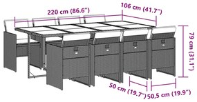 9 pcs conjunto de jantar p/ jardim com almofadões vime PE bege