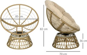 Cadeira Papasan Giratória de Vime Sintético com Almofada Suporta 120 kg para Exterior Jardim Terraço 85x70x82 cm Castanho e Cáqui