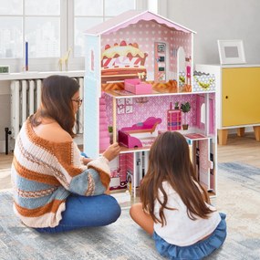 Casa de Bonecas em Madeira Brinquedo para Crianças 3+ Anos com Quartos Simulados Elevador Funcional Papel de Parede Funcional 70 x 30 x 108 cm Rosa