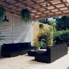 9 pcs conjunto lounge de jardim c/ almofadões vime PE preto