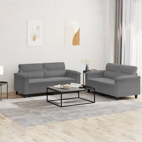 2 pcs conj. sofás c/ almofadões tecido microfibra cinza-escuro