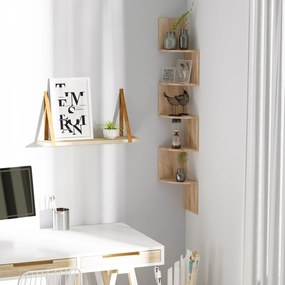 Estante de canto de parede para arrumação, em forma de ziguezague, 20 L x 20 L x 126 A cm, 5 prateleiras, madeira de carvalho claro