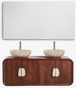 Conjunto De Móvel De Casa De Banho Dupla Suspensa 130x45 Cm Em Madeira De Manga E Pedra Natural Kivalina Travertino - Madeira De Mangueira Escura & -