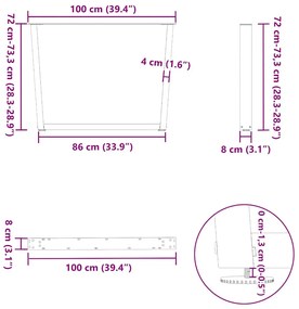 Mesa de jantar pernas 2pcs forma de V 100x(72-73,3)cm aço preto