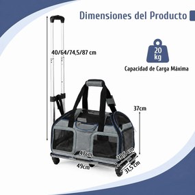 Transportadora para Animais com Carrinho Removível, 47 x 31,5 x 37 cm, Pega Telescópica Ajustável, Azul
