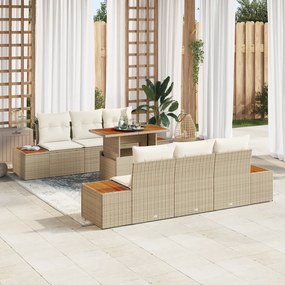 vidaXL Conjunto de Jantar de Jardim 7 Peças com Almofadas Bege em Rattan Sintético e Acácia