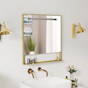 Espelho de casa de banho com LED 80 x 60 cm, função antiembaciamento, 3 cores de luz e brilho ajustável, moldura em alumínio com estante de parede, do