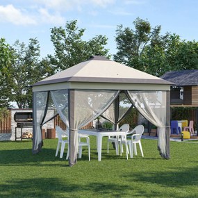 Pérgola Dobrável Exterior 3,3x3,3x2,9 m com Luzes LED e Controle Remoto 4 Mosquiteiras Removíveis e Bolsa de Transporte Bege