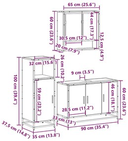 3 pcs Conjunto móveis casa de banho madeira proc. cinza sonoma