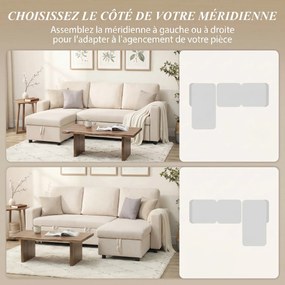 Sofá de canto convertível e modular com méridiana reversível 211,5 C x 146 L x 85 A cm (sofá), 183 C x 117 L x 43,5 A cm (cama), compartimento de arru