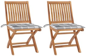vidaXL Cadeiras jardim c/ almofadões xadrez cinzento 2 pcs teca maciça