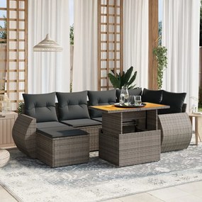 7 pcs conjunto sofás p/ jardim c/ almofadões vime PE cinzento