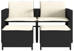 Sofá de jardim de 2 lugares com mesa e bancos vime PE preto