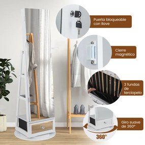 Espelho Armário para jóias rotativo a 360° com espelho, luzes LED, fecho e estante traseira branco