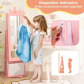 Espelho para crianças de corpo inteiro com grande capacidade de armazenamento e base giratória para raparigas Rosa