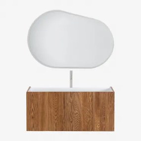Conjunto De Móvel De Casa De Banho Suspenso 120x50 Cm Em Madeira Com Lavatório Integrado Fiore Castanho Fresno & Oval Led E - Sklum