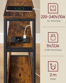 Mesa de cabeçeira ou Mesa de apoio, com 1 tomada e 2 portas USB e 3 prateleiras estreitas 18 x 45 x 58 cm Castanho vintage + Preto