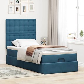 Estrutura de cama otomana com colchões azul escuro veludo