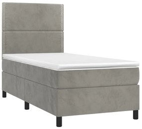 Cama box spring c/ colchão/LED 100x200 cm veludo cinzento-claro