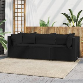 3 pcs conjunto lounge de jardim c/ almofadões vime PE preto