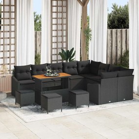 Conjunto de Sofás de Jardim vidaXL com 13 Peças e Almofadas Preto Vime de Polietileno Acácia