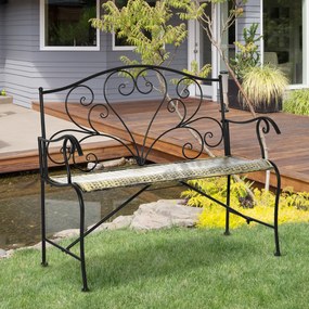 Banco de jardim de 2 lugares 100 x 50 x 88 cm, estilo neo-retro, em ferro forjado, com linhas afiladas, em metal preto dourado, com efeito envelhecido
