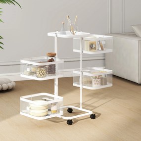 Conjunto de 4 cestos giratórios com rodas, carrinho para frutas e legumes, tabuleiro, prateleira em arame de aço, 33x33x77 cm, branco