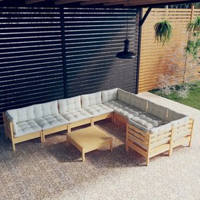 vidaXL 10 pcs conjunto lounge de jardim c/ almofadões cor creme pinho
