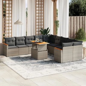 11 pcs conjunto sofás de jardim c/ almofadões vime PE cinzento