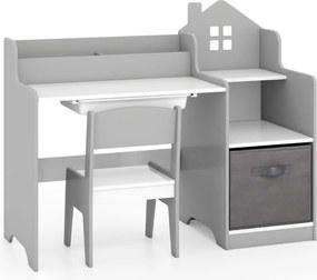 Conjunto de secretaria e cadeira de estudo para crianças com prateleiras abertas Gaveta e cesto de tecido Cinzenta