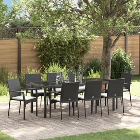 vidaXL Conjunto de Jantar Jardim 9 Peças com Almofadas Preto Rattan Poly