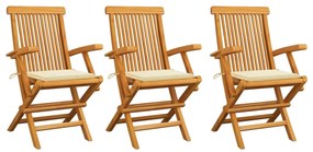 Cadeiras de jardim c/ almofadões creme 3 pcs teca maciça