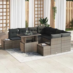 vidaXL Conjunto de Sofá de Jardim de 9 Peças com Almofadas Cinzas em Rattan Sintético
