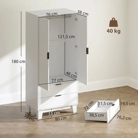Roupeiro de Quarto, 80 x 50 x 180 cm, Fecho Suave, Branco