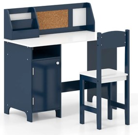 Conjunto de Secretaria e cadeira para crianças com quadro negro, marcador, prateleira e armário de armazenamento Azul